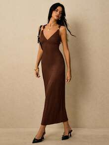 Poéselle Women's Casual Elegant Textured Backless Dress, Summer - Coffee Brown - View 4