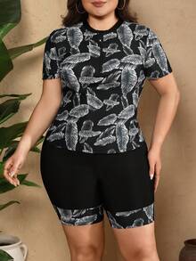 Swim Mulvari Plus Size Women Leaf Print Round Neck Short Sleeve Top And Shorts Burkini Set, Suitable For Summer Vacation And Beach - Black - View 7