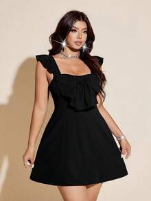 Viva Relle Plus Size Ruffle Strap Bow Tie Elegant A-Line Dress For Dates - Black - View 1