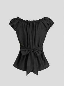 Sweetra Áo sơ mi nữ tay ngắn kiểu Pháp cổ điển kẻ sọc dọc, phối bèo nhún, khuy gỗ, tay áo cánh hoa, thích hợp cho mùa xuân/hè mặc thường ngày và hẹn hò. - màu đen - Xem 2