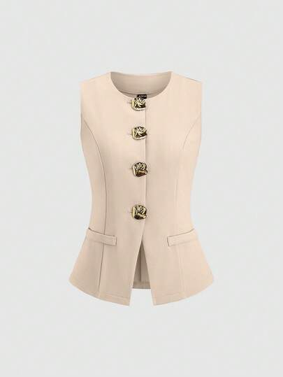 Sweetra Tall French Minimalist Basic Metal Large Button Sleeveless Vest For Tall Women