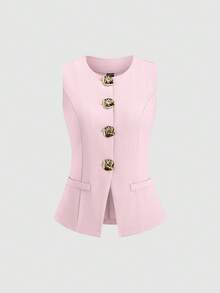 Sweetra Tall 法式极简主义基础款金属大扣无袖背心，适合高个女性 - 粉色 - 查看 1