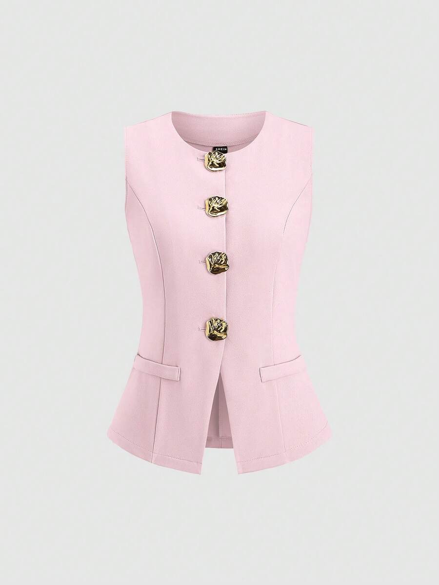 Sweetra Tall 法式极简主义基础款金属大扣无袖背心，适合高个女性 - 粉色 - 查看 1