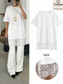 Siren Gaze Women's Round Neck Short Sleeve Contrast Lace Loose Mini Dress,Summer Dresses For Women - White - View 3