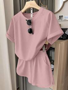 Resyla Plus Size Women Summer Casual Outfit, Solid Color T-Shirt And Shorts Set, Versatile Daily Wear - Pink - View 1