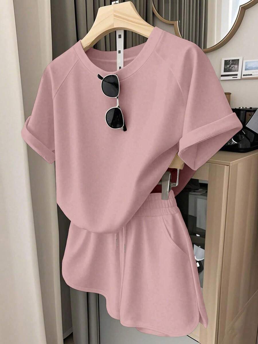 Resyla Plus Size Women Summer Casual Outfit, Solid Color T-Shirt And Shorts Set, Versatile Daily Wear - Pink - View 1