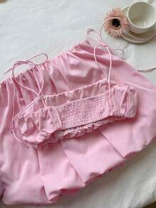 Comfortcana 女士纯色褶皱吊带背心和碎花荷叶边迷你裙两件套度假套装 - 粉色 - 查看 2
