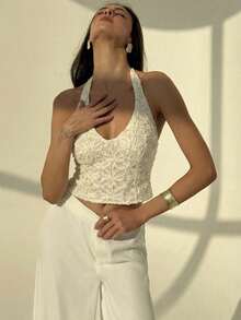 Aloruh 优雅性感女士露背蕾丝吊带背心/华丽上衣/性感炸弹上衣/沙滩度假上衣，适合婚礼季 - 杏色 - 查看 3