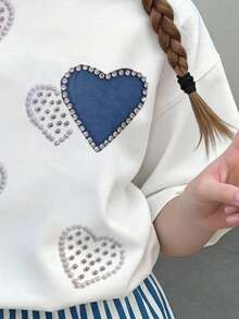 2pcs/Set Teen Girls Casual Heart Print Graphic Loose Round Neck Short Sleeve T-Shirt And Striped Loose Shorts, Suitable For Spring And Summer Cozy Styles - Multicolor - View 6