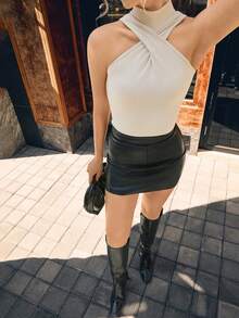 Opuloom Women's Fashion Light Beige Ribbed Knit High Neck Twist Front Sleeveless Tank Top,Summer Everyday Seksi Chic Backless Halter Y2k Crop Top - Apricot - View 5