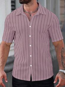 Manfinity CasualCool Men's Casual Striped Front Button Short Sleeve Shirt, Summer - Dusty Pink - View 6