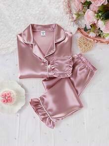 2件套女童纯色荷叶边短袖上衣和裤子家居服套装，春夏款 - 淡紫色 - 查看 5