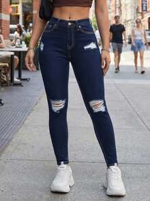 Jeans dama mujer skinny azul oscuro tiro alto estilo desgastado corte ceñido denim juvenil roturas pantalón casual urbano versátil cómodo ideal looks modernos - Azul lavado oscuro - Ver 4