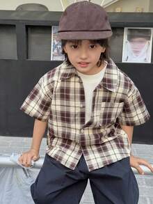 DAZY 男童时尚格子印花短袖衬衫，春夏款 - 棕色 - 查看 4