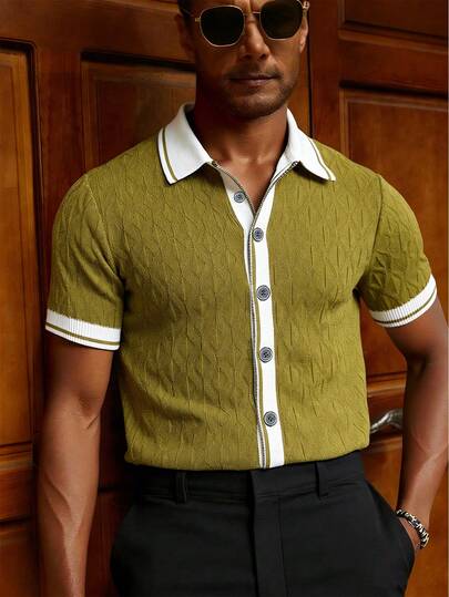 Manfinity Homme Áo thun nam tay ngắn cài cúc phía trước, phối viền tương phản, kiểu dáng thường ngày, thích hợp cho mùa hè.