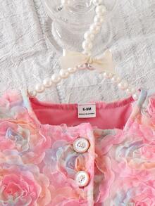 SHEIN 2pcs Baby Girl Pink Summer Cute 2nd Birthday Outfit,3D Rose Flower Tulle Ruffle Flutter Sleeve Button Tops And Skirts Set For Party Easter Birthday - Pink - View 5