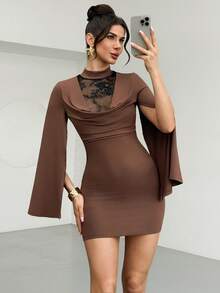 RiviMae Women's Elegant Contrast Lace Open Slit Bodycon Dress - Coffee Brown - View 3