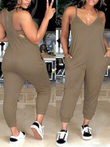 EMERY ROSE 女士纯色极简无袖连体裤 女士休闲连体裤 舒适连体裤 - 棕色 - 查看 1