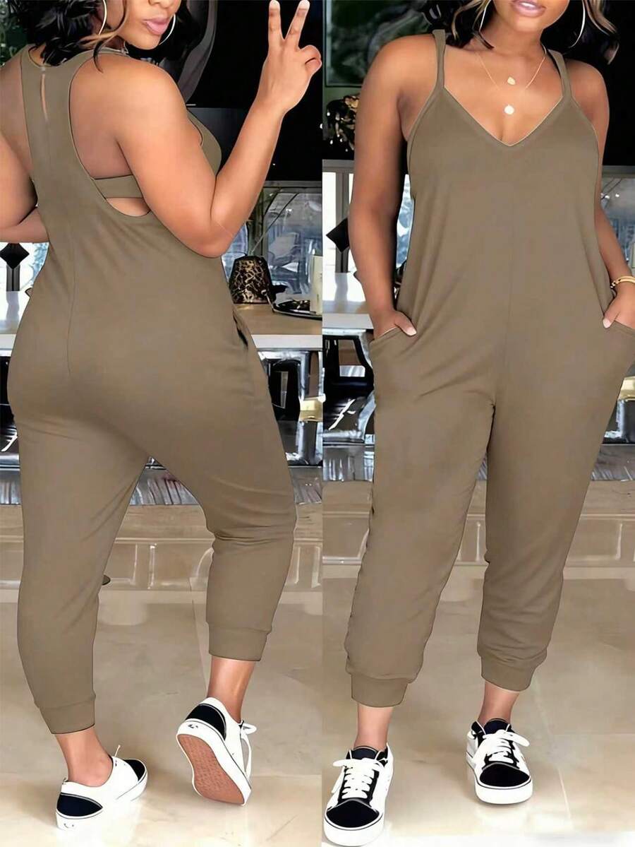 EMERY ROSE 女士纯色极简无袖连体裤 女士休闲连体裤 舒适连体裤 - 棕色 - 查看 1