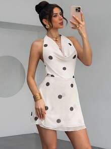 Firerie 女士优雅简约精致浪漫性感派对下午茶婚礼宾客假日生日聚会音乐节波点印花深V领露背系带A字杏色迷你连衣裙，春夏款 - 杏色 - 查看 6