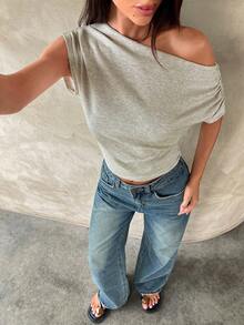 Aloruh 女士休闲不对称T恤，褶皱纯色T恤，适合日常、通勤和居家穿着，雪纺不对称袖子、不对称肩部设计、褶皱腰部，舒适柔软，春夏款 - 杏色 - 查看 9