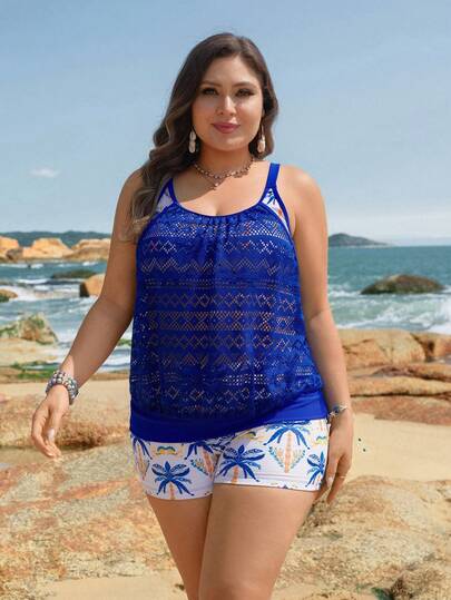 Swim Lushoire 新款优雅纹理面料大码女式两件套泳衣，椰树印花拼接撞色设计，时尚度假风大码女式两件套泳衣，显瘦度假风大码女式两件套泳衣，大码坦克背心式泳衣