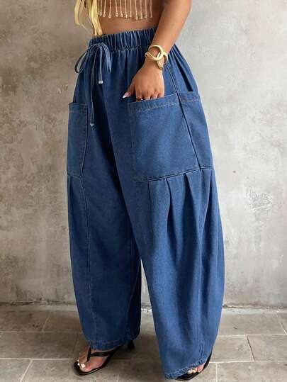 Sunnyshic Plus Size Casual Drawstring Waist Pocket Denim Jeans For Women Work Trousers Women's Tall Trousers Wrap Around Pants Beach Outfits For Women