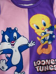LOONEY TUNES X SHEIN Ensemble t-shirt à manches courtes et short pour bébé fille, style décontracté, imprimé de dessins animés en couleurs contrastées, col rond - Multicolore - Voir 3