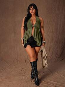Rustia Plus Size Women Metal Decor Tie-Neck Ruffle Hem Casual Versatile Top - Army Green - View 6