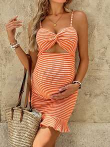 Vestido de maternidad sin mangas, de rayas, con nudo delantero y recortes, ajustado, para el verano - Naranja - Ver 4