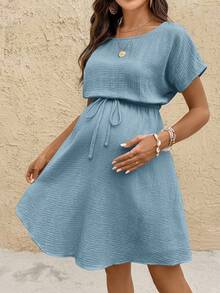 SHEIN Boat Neck Solid Color Waist Bow Decor Maternity Dress - Baby Blue - View 5