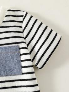 SHEIN 2件套男女宝宝休闲可爱条纹短袖T恤和牛仔短裤套装，宝宝服装套装，街头风，春夏款 - 藍色 - 查看 5