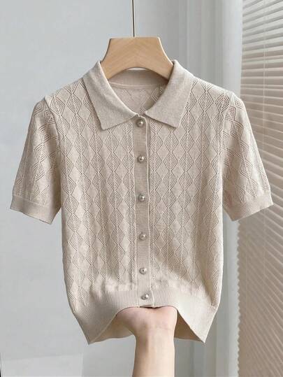 Franclia Damen Hohldurchbruch Kurzarm Einreiher Lässig Strick Cardigan