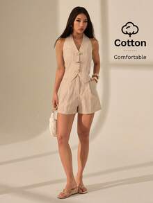SHEIN PETITE 2 piezas Conjunto casual de mujer con top corto de halter con decoración de metal a rayas y shorts. Conjunto de top sin mangas y shorts de verano. Conjunto de chaleco y shorts a rayas para mujer en verano - Multicolor - Ver 5
