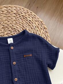 Newborn Baby Boy Cute Casual Solid Color Short Sleeve Romper & Shorts Set, Summer - Navy Blue - View 6