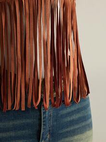 SHEIN ICON 大码流苏V领吊带背心，音乐节穿搭 - 棕色 - 查看 11