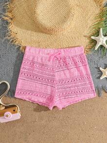 SHEIN 少女泳衣：粉色纯色镂空网纱罩衫，腰间系带蝴蝶结，搭配网纱裤，时尚休闲，优雅迷人，适合游泳、暑假、海滩、泳池、夏令营派对和休闲度假。两件套泳衣，适合青少年、夏季、少女、女士等各种场合。泳衣两件套，夏季女士两件套，夏季女士两件套，青少年泳衣，夏季女士两件套，夏季女士套装，夏季女士泳装，比基尼上衣，女士两件套泳衣，粉色比基尼沙滩短裤。 - 粉色 - 查看 6