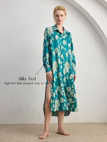 Ocili Đầm ngủ nữ cổ jacquard cài một hàng khuy, kiểu dáng thường ngày, thích hợp mặc ở nhà. - Màu xanh lá cây đậm - Xem 1