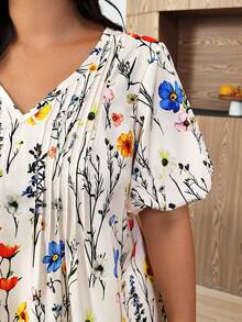 SHEIN LUNE Plus Size Women's Fashionable Spring/Summer French Romantic Retro Elegant Casual Commute Floral Print Dress - Apricot - View 5