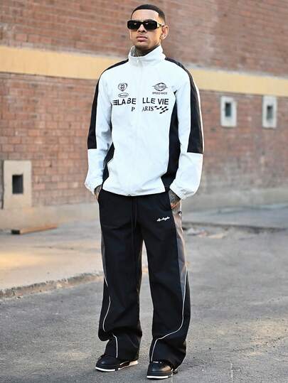 Devon Thys Men's Casual Contrast Color Letter Pattern Stand Collar Long Sleeve Jacket, Autumn Men Zip Up Race Black And White Streetwear Jacket