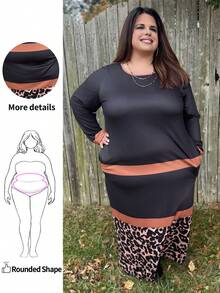 SHEIN Unity Plus Size Long Sleeve Black Leopard Pattern & Stripes Print Round Neck Dress, Suitable For Autumn & Winter Autumn And Winter Chic Dress, For Apple Rounded Body Shape - Multicolor - View 1