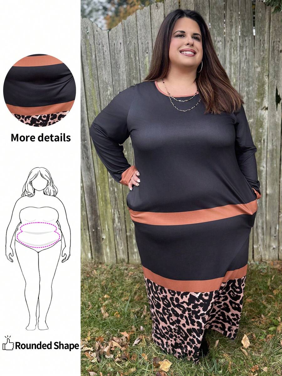 SHEIN Unity Plus Size Long Sleeve Black Leopard Pattern & Stripes Print Round Neck Dress, Suitable For Autumn & Winter Autumn And Winter Chic Dress, For Apple Rounded Body Shape - Multicolor - View 1