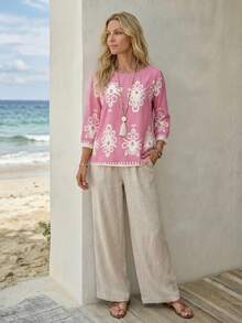 EMERY ROSE Blusa informal holgada de mujer con cuello redondo y mangas 3/4 con estampado floral de vacaciones - Rosa - Ver 4