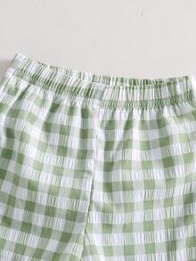 SHEIN Playful Pals 3件套女婴度假休闲纹理面料套装，包括衬衫、短裤和连体衣，适合日常度假和夏季穿着。 - 綠色 - 查看 6
