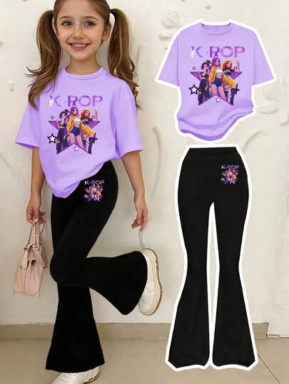 1 Set Young Girl Casual Comfortable K-POP Girl Group Graphic Print Short Sleeve Round Neck T-Shirt And Flare Pants Outfit, Fashionable Leisure, Suitable For Spring And Summer Wear