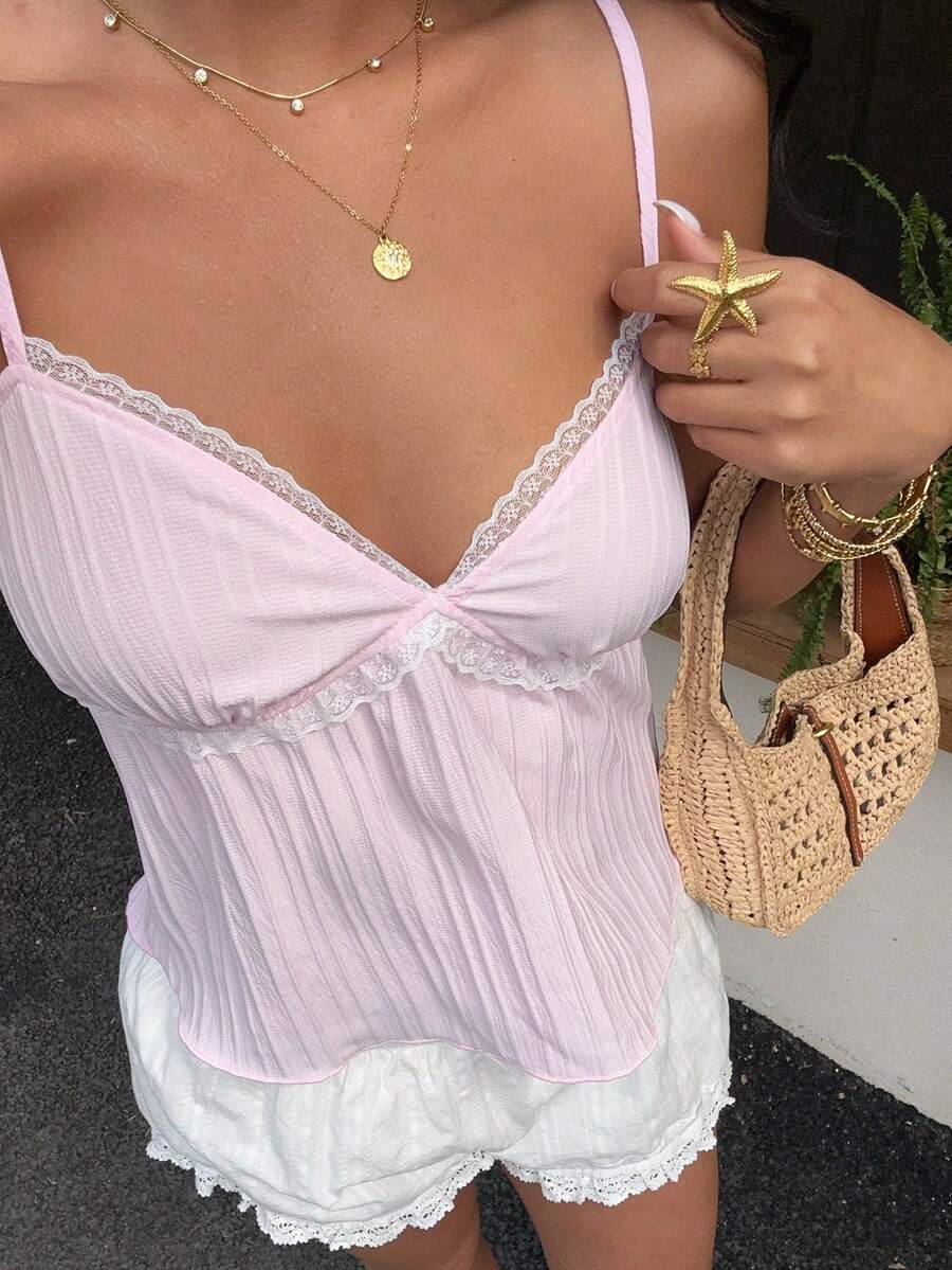 Sunnyshic Women's Pink Textured Fabric Camisole, Sweet & Sexy, Slim Fit, White Lace Trim, Casual, Suitable For Beach Vacation, Spaghetti Strap Tank Top, Ladies Blouse - White - View 1