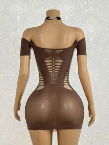 Jeanoix Women's Sexy Brown Hollow-Out Short Sleeve Mini Dress - Brown - View 2