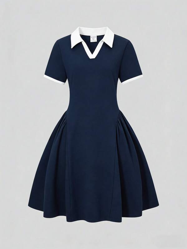 SHEIN ChillGRL Tween Girls Polo Collar Short Sleeve Split A-Line Mini Dress, Fashionable & Spring/Summer, Casual, Daily, Outfit