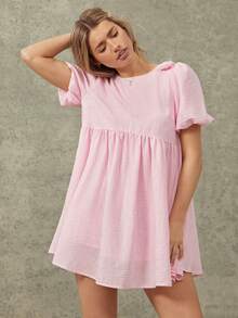 WESTFADE Light Pink Summer Casual Cute Sweet Everyday Bow Shoulder Puff Sleeve Babydoll Mini Dress Festival Vacation Beach Brunch 4th Of July Tennis Country - Pink - View 4