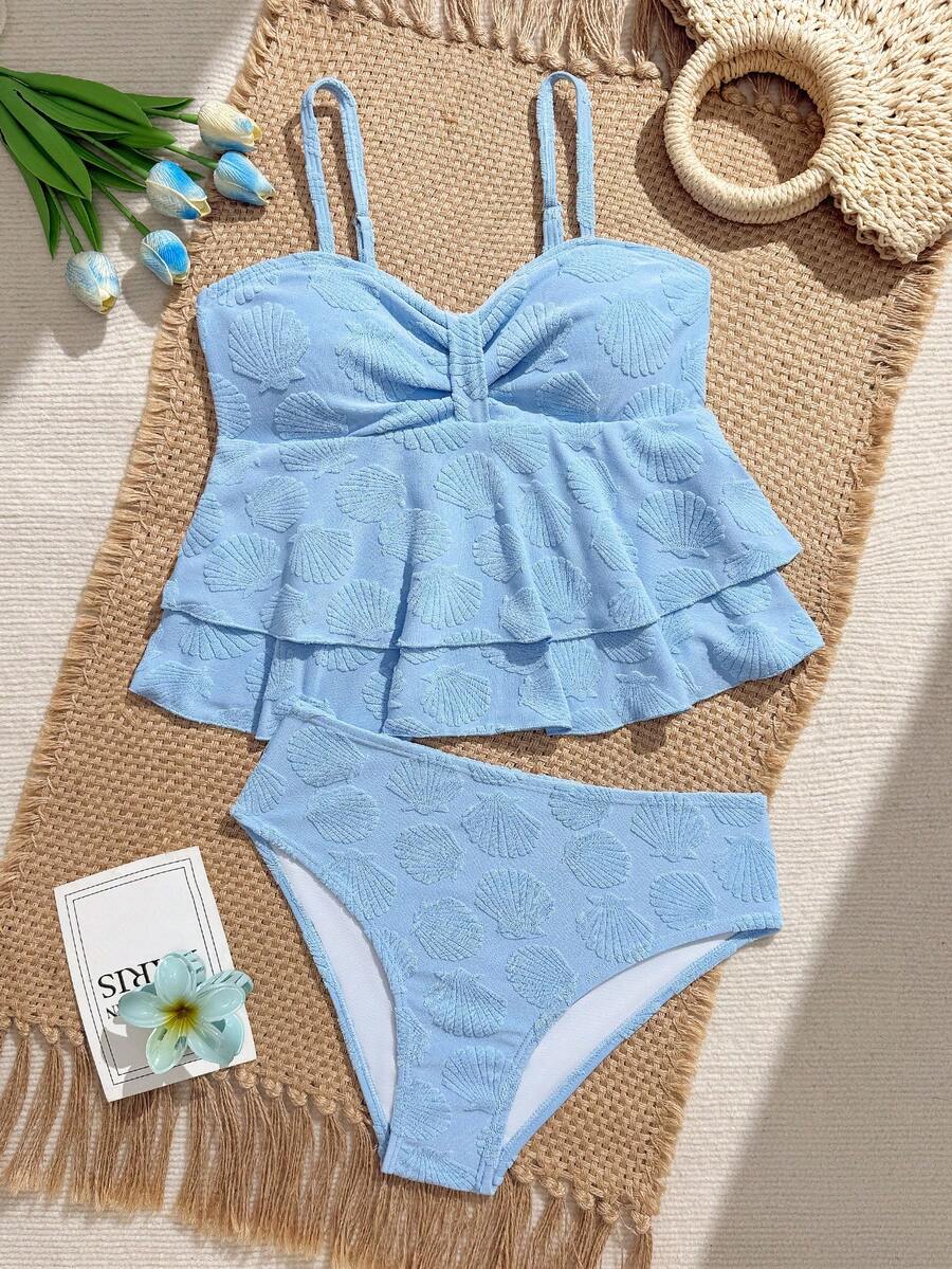 SHEIN Bộ đồ bơi hai mảnh màu trơn khoét rỗng, thích hợp cho bãi biển, khu nghỉ dưỡng và mùa hè nóng bức dành cho bé gái, bộ đồ bơi đi biển, trang phục mùa hè cho bé gái, đồ bơi hai mảnh cho tuổi teen, bộ đồ bơi hai mảnh cho bé gái, trang phục mùa hè. - Màu xanh lam - Xem 1